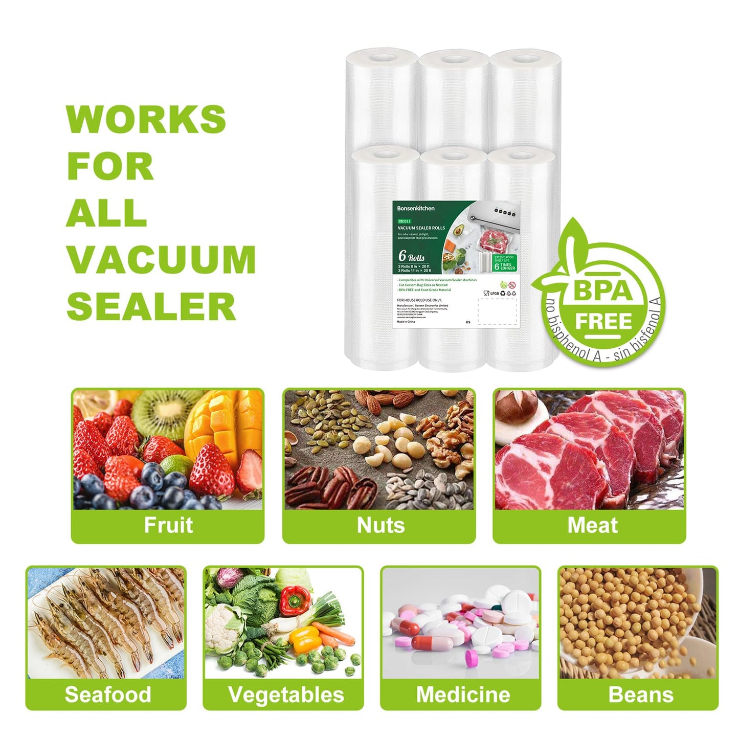 Bonsenkitchen Vacuum Sealer Rolls Bags, 6 Pack 3 Rolls 11" x 20' + 3 Rolls 8" x 20' Commercial Grade BPA Free Bag Rolls, Durable Customized Size Food Vac Bags for Storage and Sous Vide Cooking VB3211