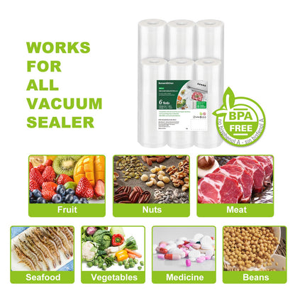 Bonsenkitchen Vacuum Sealer Rolls Bags, 6 Pack 3 Rolls 11" x 20' + 3 Rolls 8" x 20' Commercial Grade BPA Free Bag Rolls, Durable Customized Size Food Vac Bags for Storage and Sous Vide Cooking VB3211
