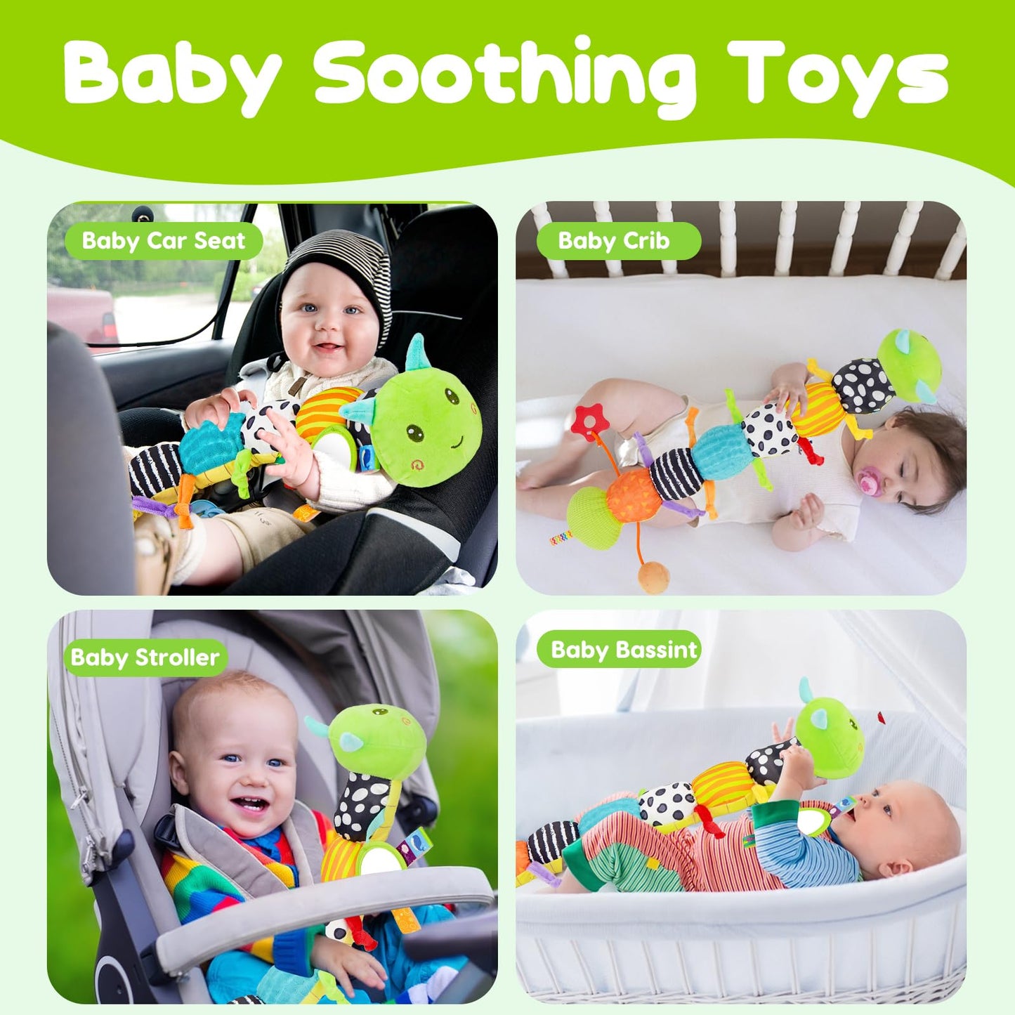 Baby Sensory Toy 0-6 Month Music Animal Stuffed Plush Caterpillar Toy for Infant 0-3-6 Month Tummy Time with Baby Mirror Crinkle Rattle for 6-12 Month Carseat Toys for Newborn Boys Girls Shower Gifts