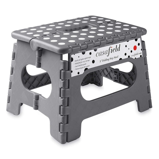 Casafield 9" Folding Step Stool with Handle, Gray - Portable Collapsible Small Plastic Foot Stool for Kids and Adults - Use in The Kitchen, Bathroom and Bedroom
