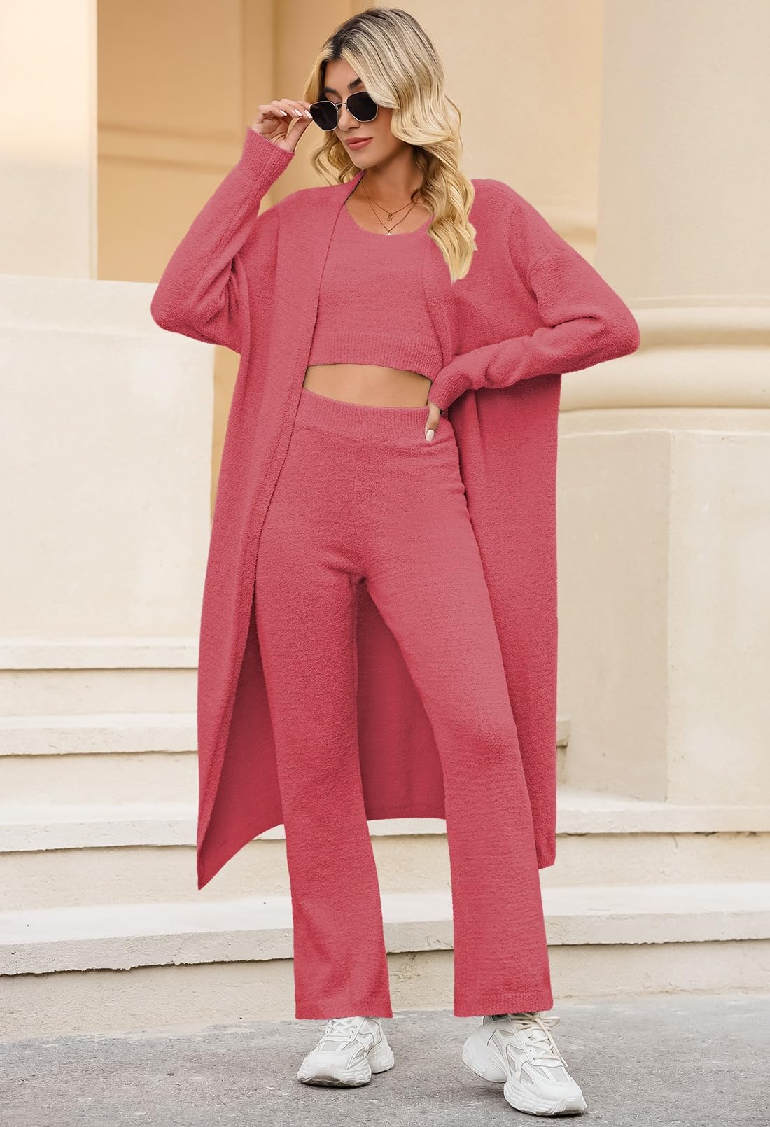 Three Piece Fleece Outfits for Women Warm Cardigan Cover Up Crop Tank Top Palazzo Pants Tracksuit Pink S