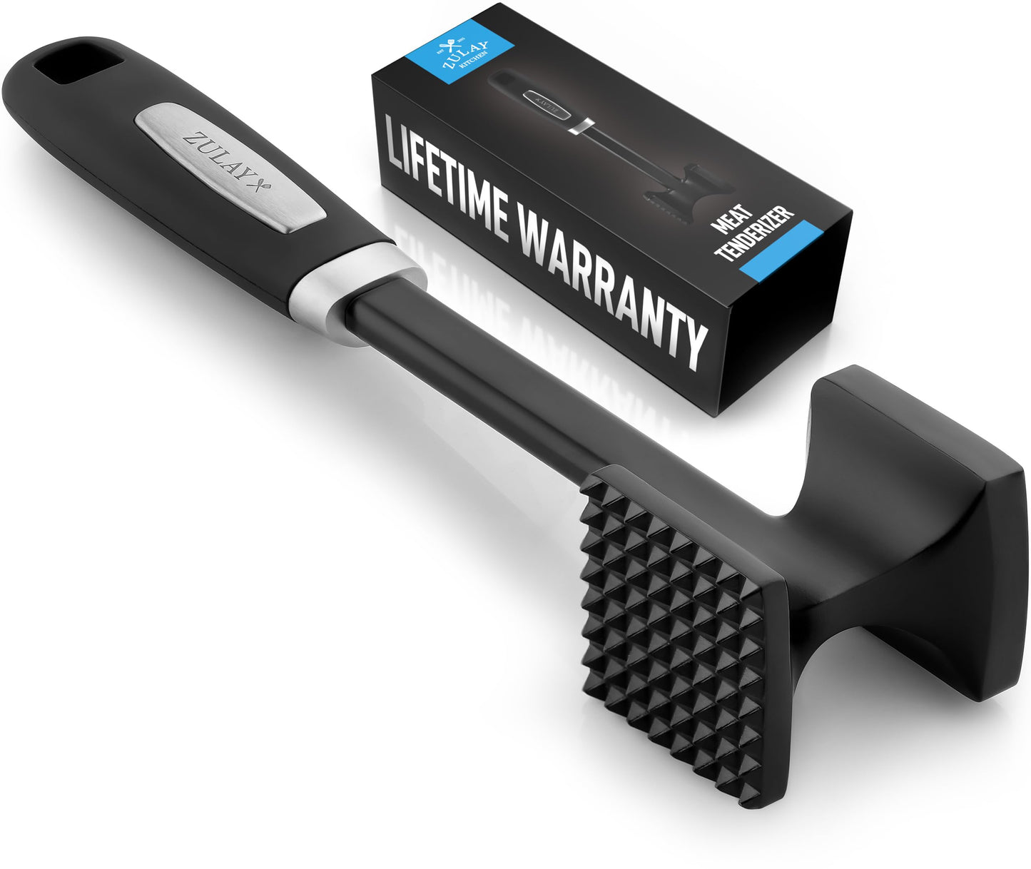 Zulay 10" Meat Tenderizer Hammer – Heavy-Duty Dual-Sided Mallet with Non-Slip Grip – Metal Meat Pounder for Tenderizing Beef, Chicken, Pork & More – Kitchen Tool for Cooking & BBQ - Black