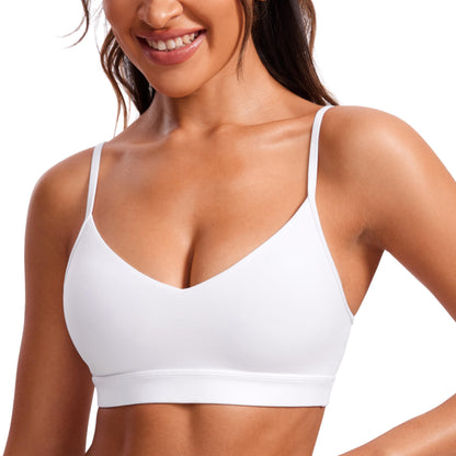 CRZ YOGA Butterluxe V-Neck Sports Bras for Women - Adjustable Thin Straps Padded Yoga Top Basic Wireless Camisole White Medium