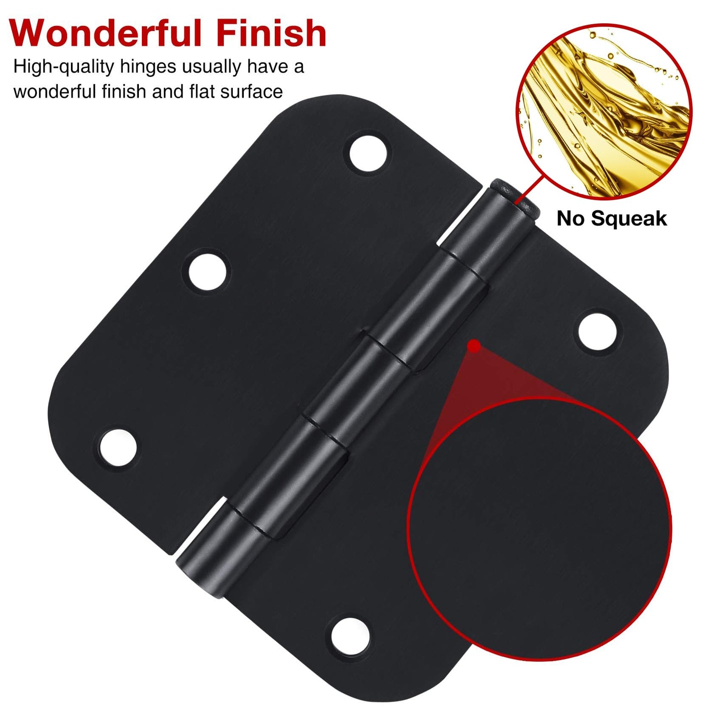 6 Pack Matte Black Interior Door Hinges Round 3.5" x 3.5 Inch 5/8" Radius Heavy-Duty Mat Hinge for Doors Standard Bedroom Work Office Door Hardware Removable Pin,Farm,Shed,Gate,Greenhouse Vent Window