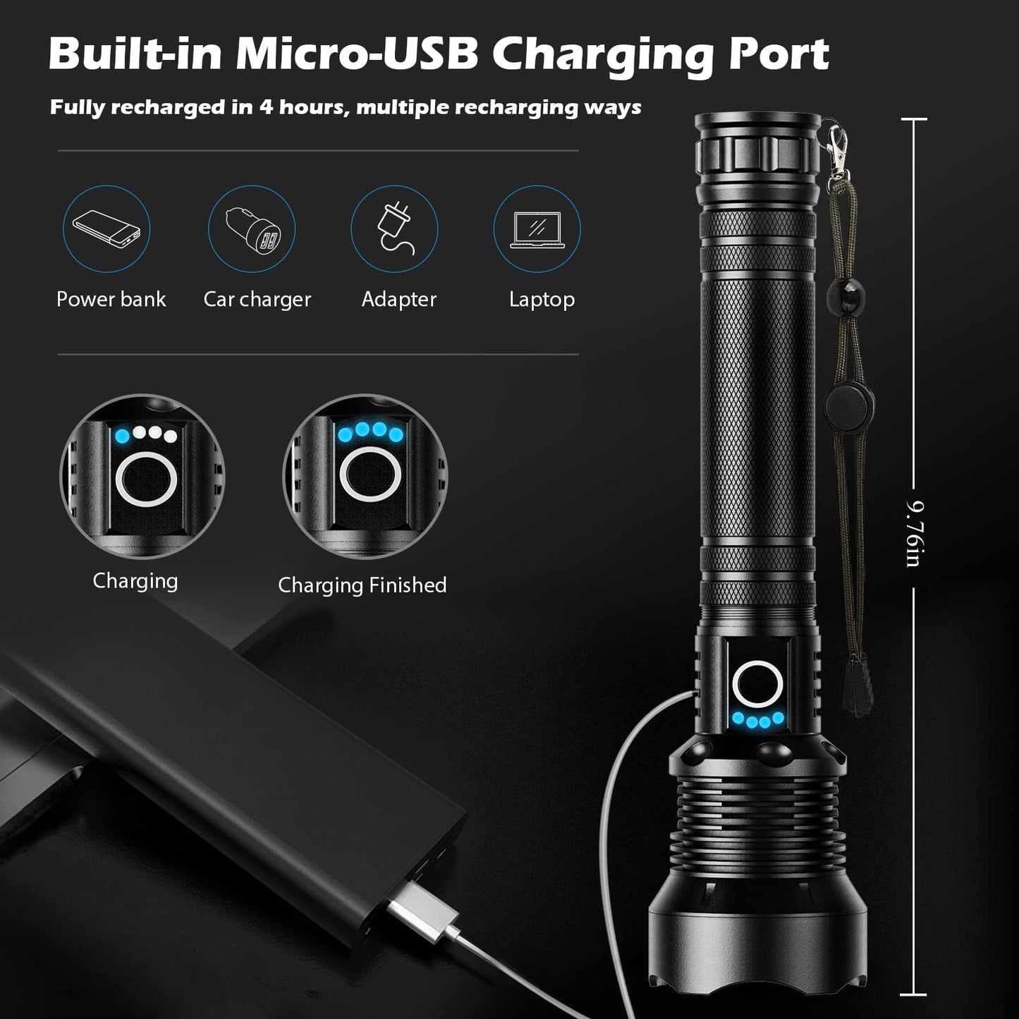 Rechargeable Flashlights 90,000 Lumens, Super Bright LED Flashlight High Lumens with USB Cable, 5 Modes Waterproof Flashlight Powerful Flash Light for Home Camping Hiking