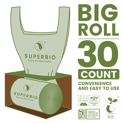 SUPERBIO 13 Gallon Compostable Kitchen Waste Bags with Handles, Food Scrap Bags Certified by BPI, OK compost INDUSTRIAL, 30 Count, 49.2L