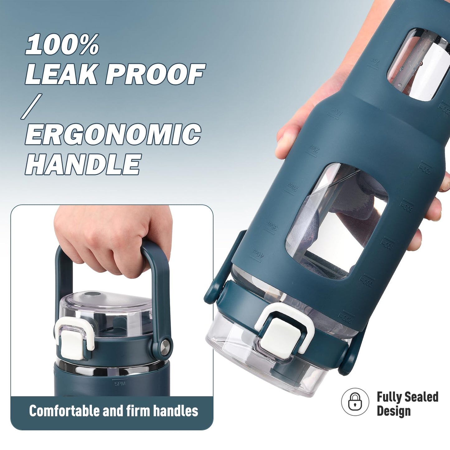 BLUEGO 40 oz Glass Water Bottles with Straw Time Marker, Glass Tumbler with Handle Top Lids, Easy to Clean, Fits in Car Cup Holder, Leakproof Jug for Gym, Sports, Workout & Daily, Dark Blue