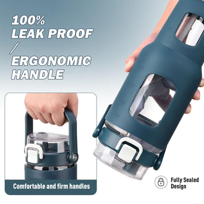 BLUEGO 40 oz Glass Water Bottles with Straw Time Marker, Glass Tumbler with Handle Top Lids, Easy to Clean, Fits in Car Cup Holder, Leakproof Jug for Gym, Sports, Workout & Daily, Dark Blue