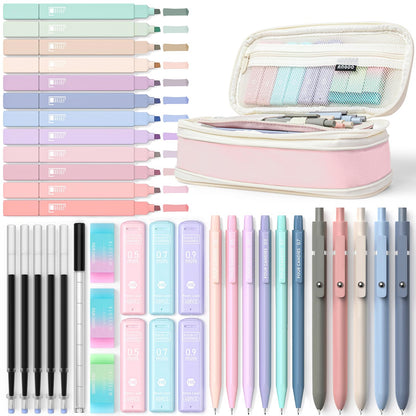 Four Candies 39 PCS Aesthetic School Supplies with Cute Pen Case, 12 Pastel Highlighters, 5 Black Ink Gel Pens, 6 Mechanical Pencils Set 0.5 & 0.7 mm for Students Stationary College Essentials (Pink)