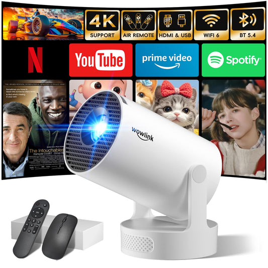 [Built-in Apps & 2025 Upgraded] Mini Projector with WiFi 6 and Bluetooth 5.4 Support 4K 1080P Auto Keystone 180° Rotatable Projector Portable Compatibile with HDMI/TV Stick/Memory Stick/Laptop, White
