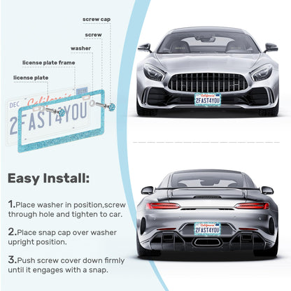 QUANQIUFEI 2 Pack Bling License Plate Frames, Sparkly Rhinestone Diamond Car License Plate Cover for Women, Stainless Steel Car Accessories with Glitter Crystal Caps (Aqua Bohemica)