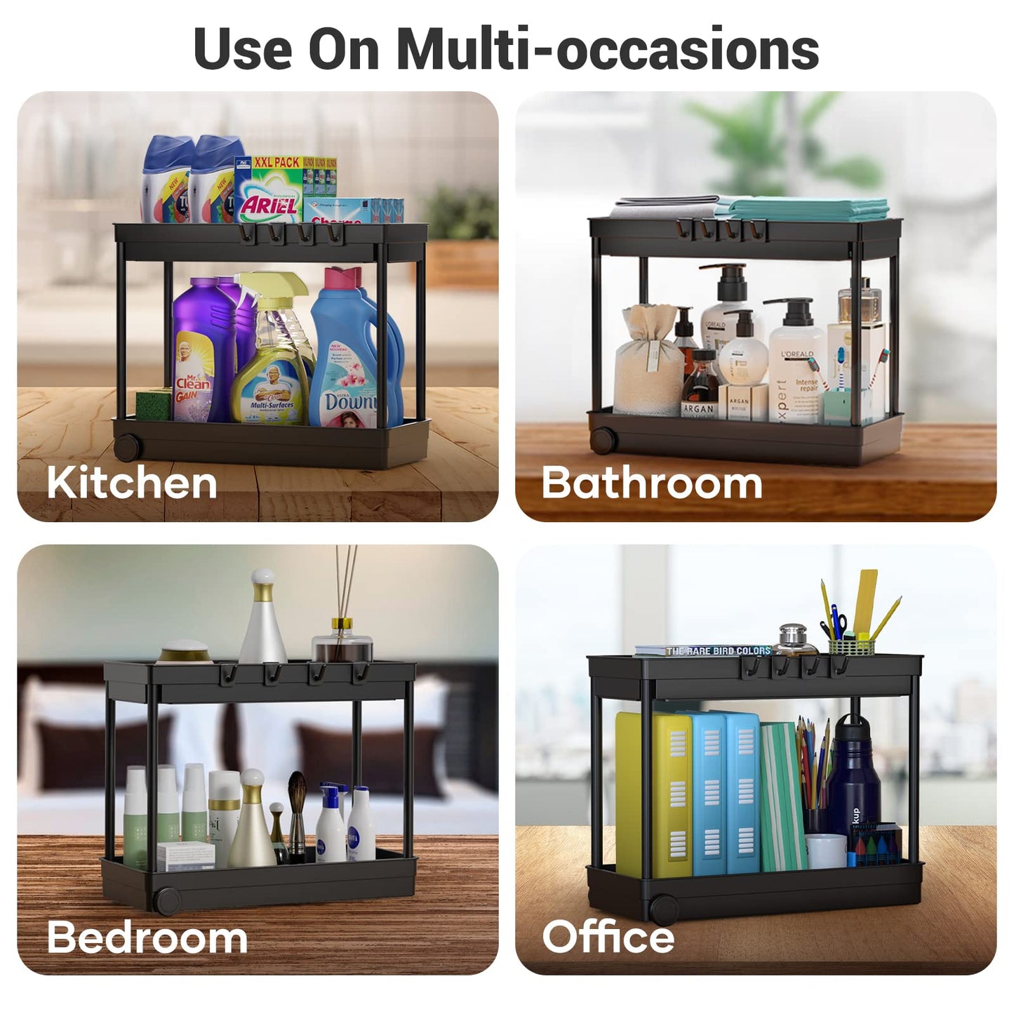 Cicilyna Under Sink Organizer, Under Cabinet Basket Organizer Drawer with Hooks, Bathroom Standing Rack, Multi-purpose Storage Shelf, Black