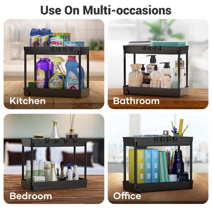 Cicilyna Under Sink Organizer, Under Cabinet Basket Organizer Drawer with Hooks, Bathroom Standing Rack, Multi-purpose Storage Shelf, Black