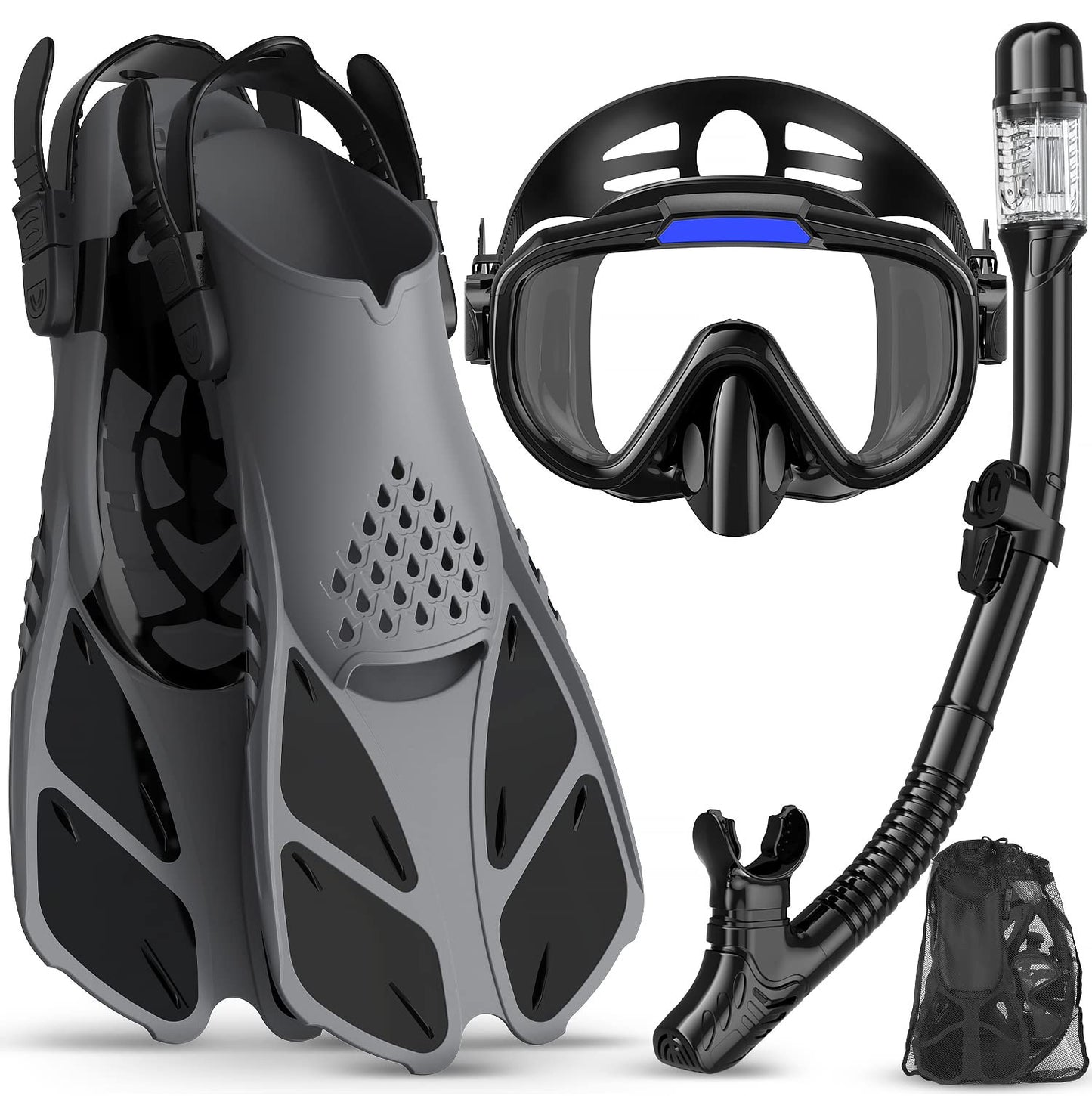 Ubekezele Snorkeling Gear for Adults Men Women,4 in 1 Snorkel Set with Panoramic View Diving Mask Anti-Fog Anti-Leak,Dry Top Snorkel,Fins and Travel Bag for Swimming,Snorkeling and Travel Diving