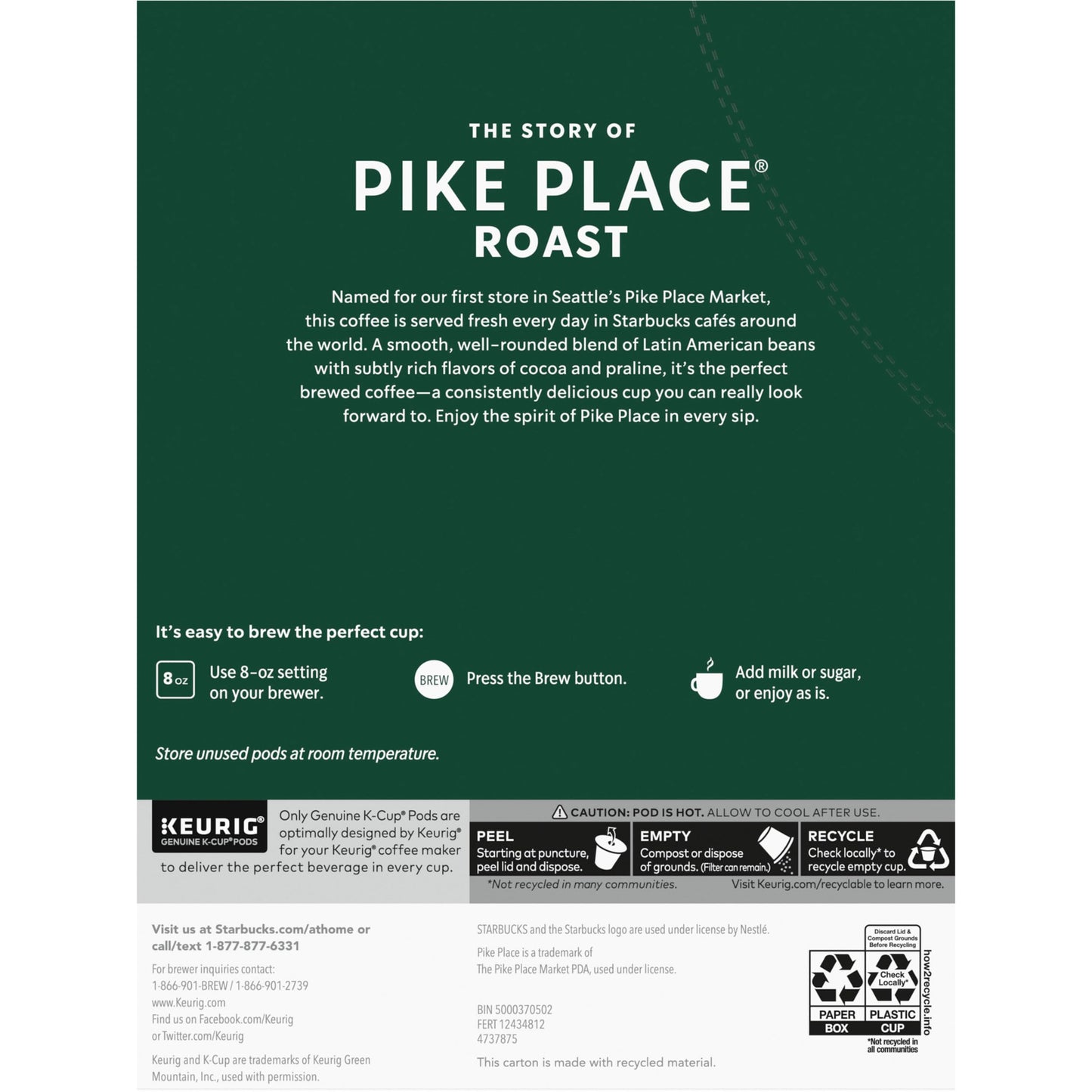 Starbucks K-Cup Coffee Pods, Medium Roast Coffee, Pike Place Roast for Keurig Brewers, 100% Arabica, 4 boxes (96 pods total)