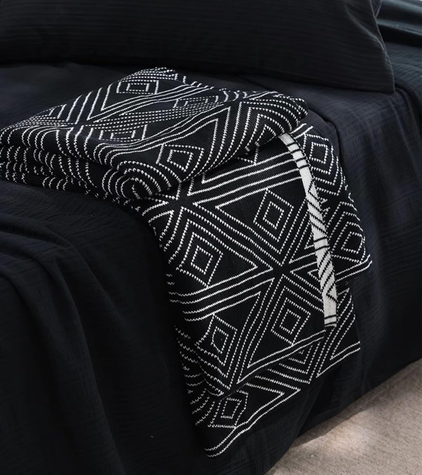 Black and White Throw Blankets Queen Size, Knitted Modern Patterned Throw Blanket, Soft Lightweight Woven Throw Blanket for Sofa Couch Bed and Living Room, Black&White (60x80 Inch)