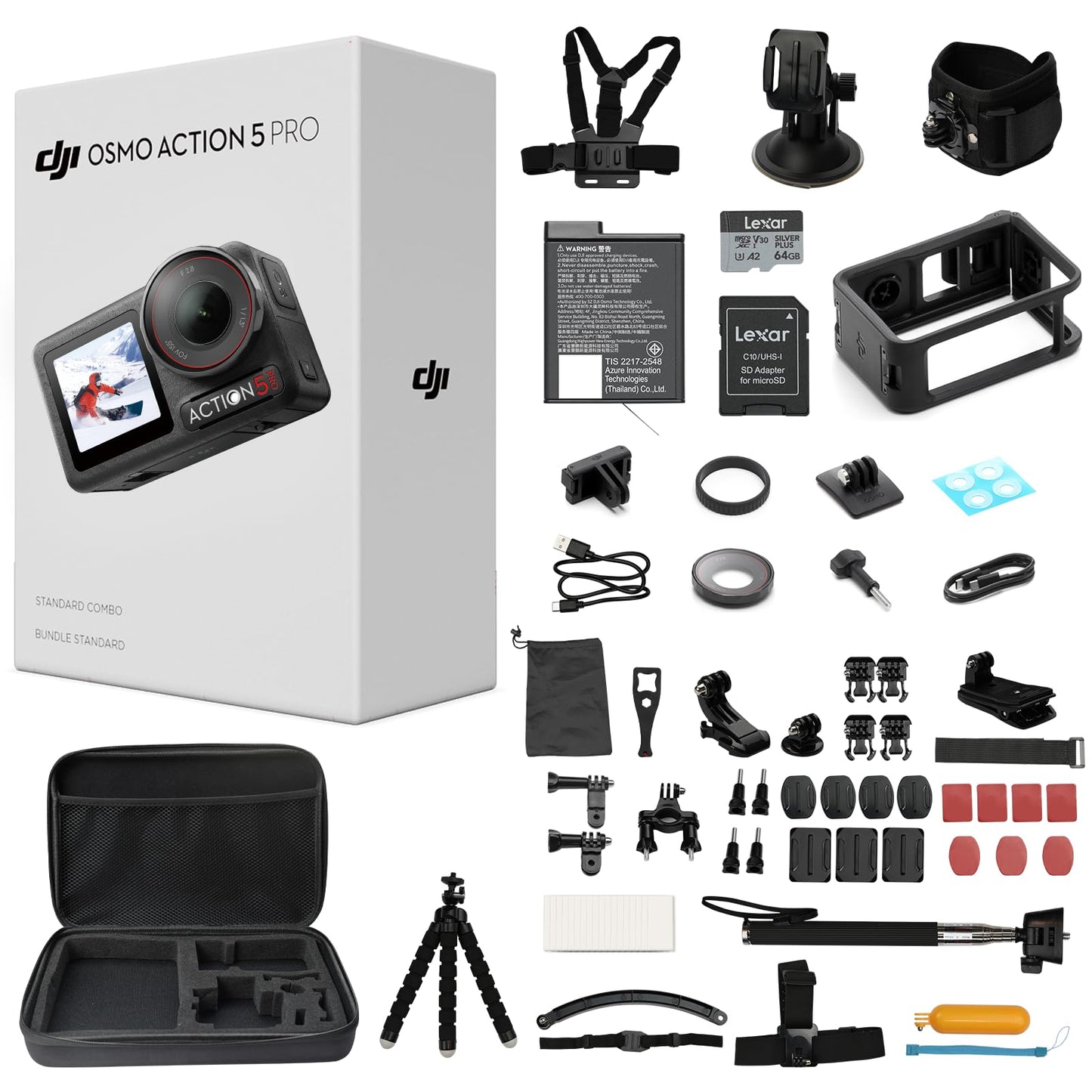 DJI Osmo Action 5 Pro Standard Combo,with 58 Piece Accessory Kit+ 64GB Card - Waterproof Action Camera with 1/1.3" Sensor, 4K/120fps Video, Action Camera 4K Ideal for Sports (Total 1 Battery)