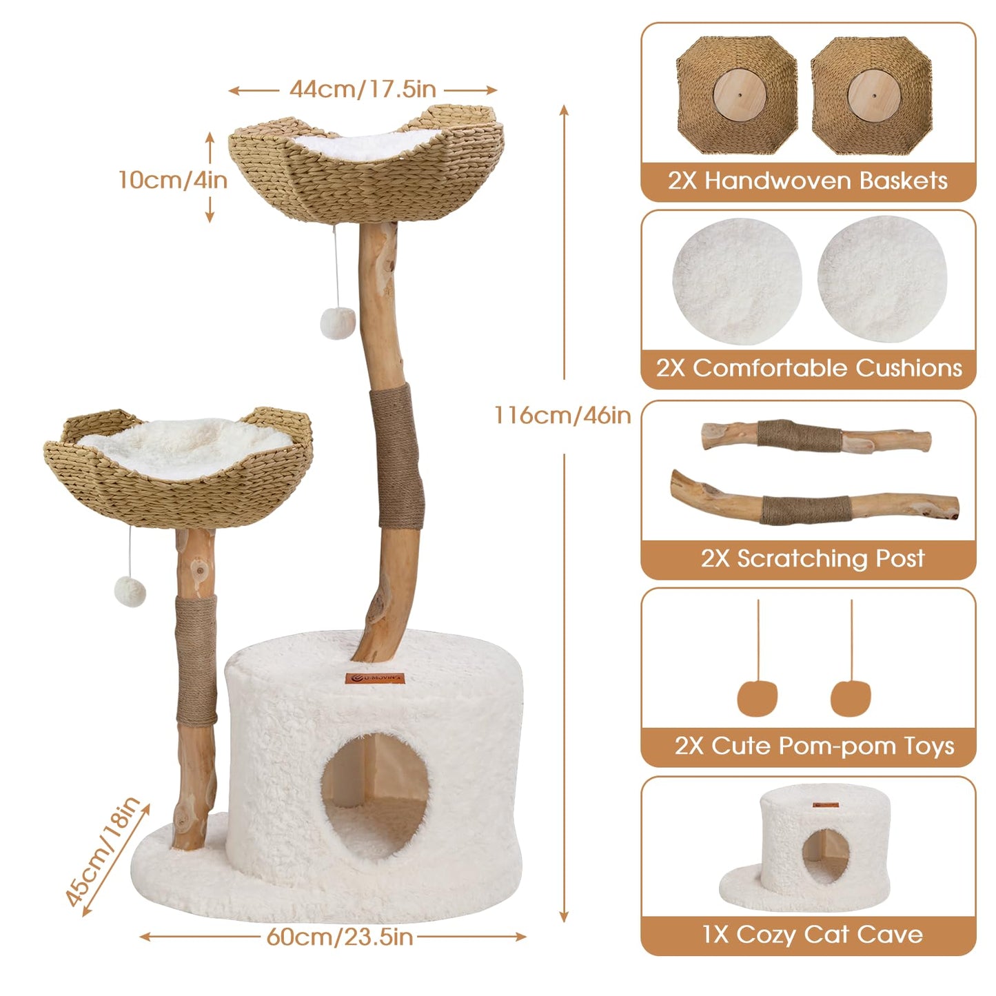 U-Moving 46" Natural Wood Cat Tree for Large Cats – Modern Feline Tower with Scratching Posts, Real Branch Design & Luxury Gift for Cat Lovers