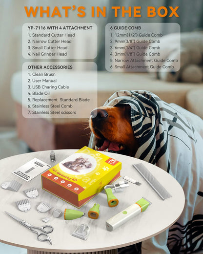 unibono Dog Grooming Kit with Paw Trimmer, All-in-One Low Noise Electric Rechargeable Small Quiet Pet Clippers Foot Dog Hair Shaver with Stainless Steel Scissors and Comb for Dogs at Home (Green)