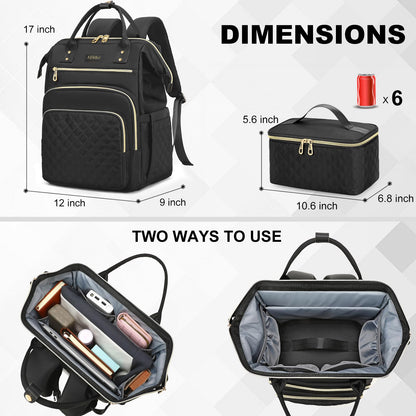 AIJIEKE Lunch Backpack for Women, 15.6 inch Laptop Backpack with Insulated Cooler Lunch Bag Set for Lunch Box Work Backpack for Travel Nurse Teacher, Black