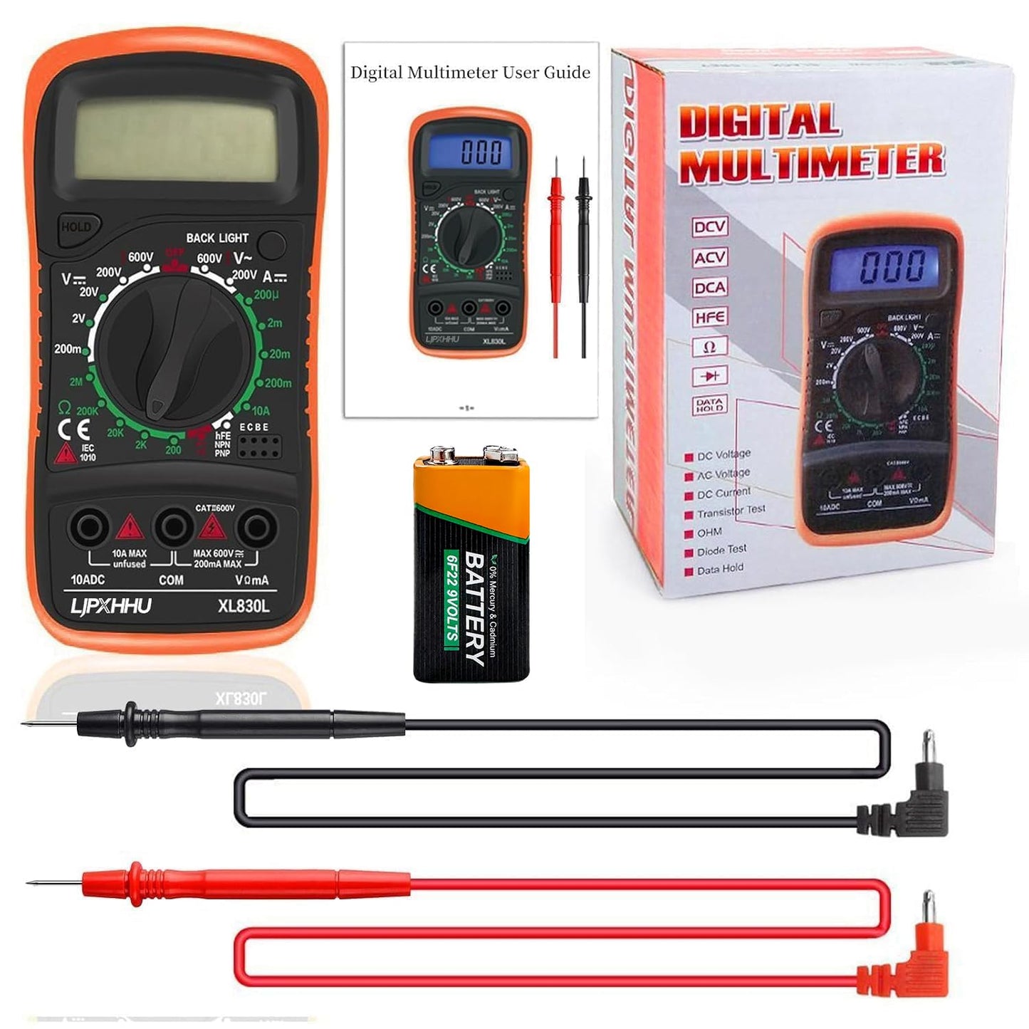 Digital Multimeter Voltmeter Battery Voltage Multi Tester Continuity Ohm Volt Amp DC AC Current Resistance Diodes 2000 Counts Electrical Test Meter with Leads Backlight LCD Display