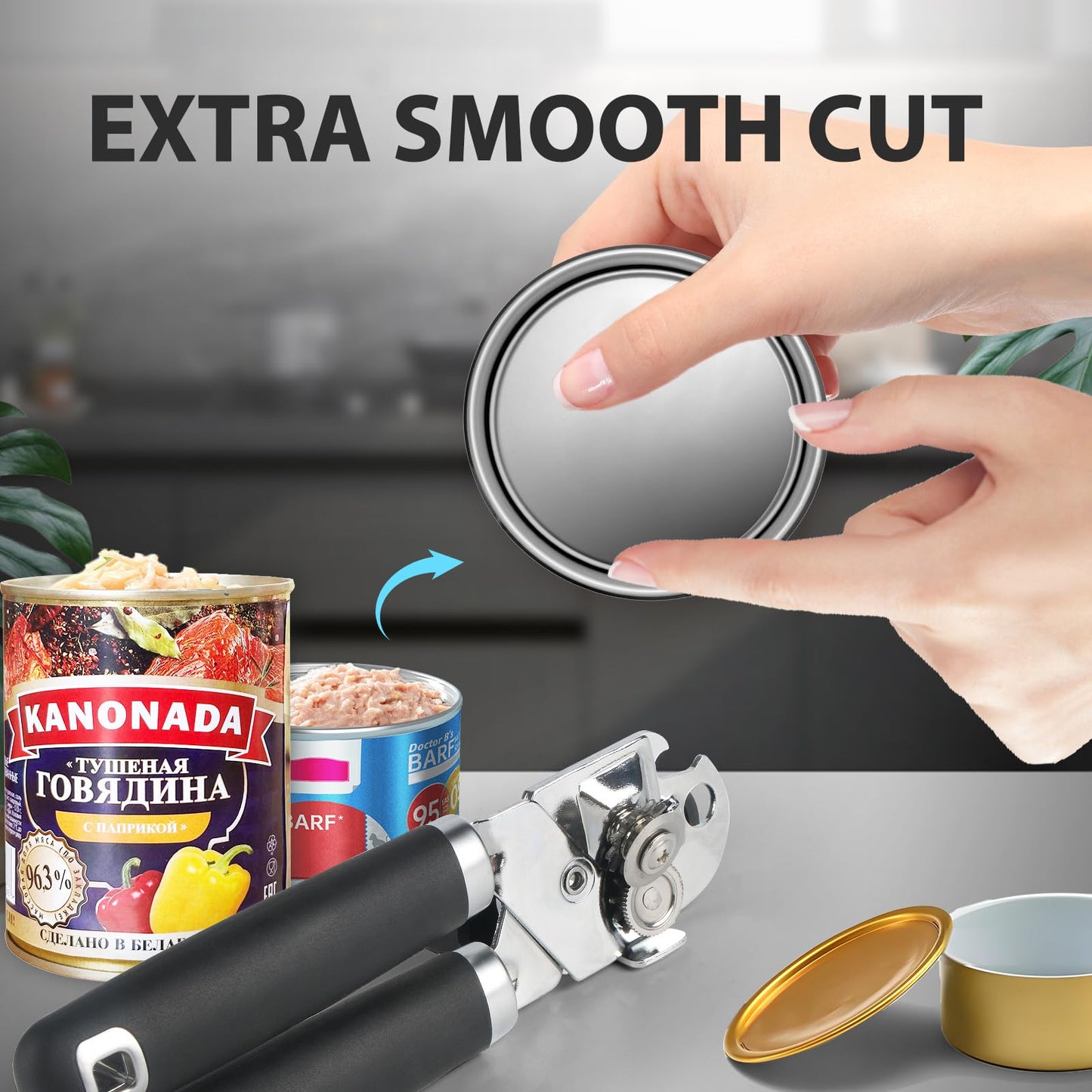 Safring Can Opener Manual, Heavy Duty Handheld Strong Can Opener with Soft Touch Handle, Sharp Blade Smooth Edge, Can Openers with Multifunctional Bottle Opener, Black