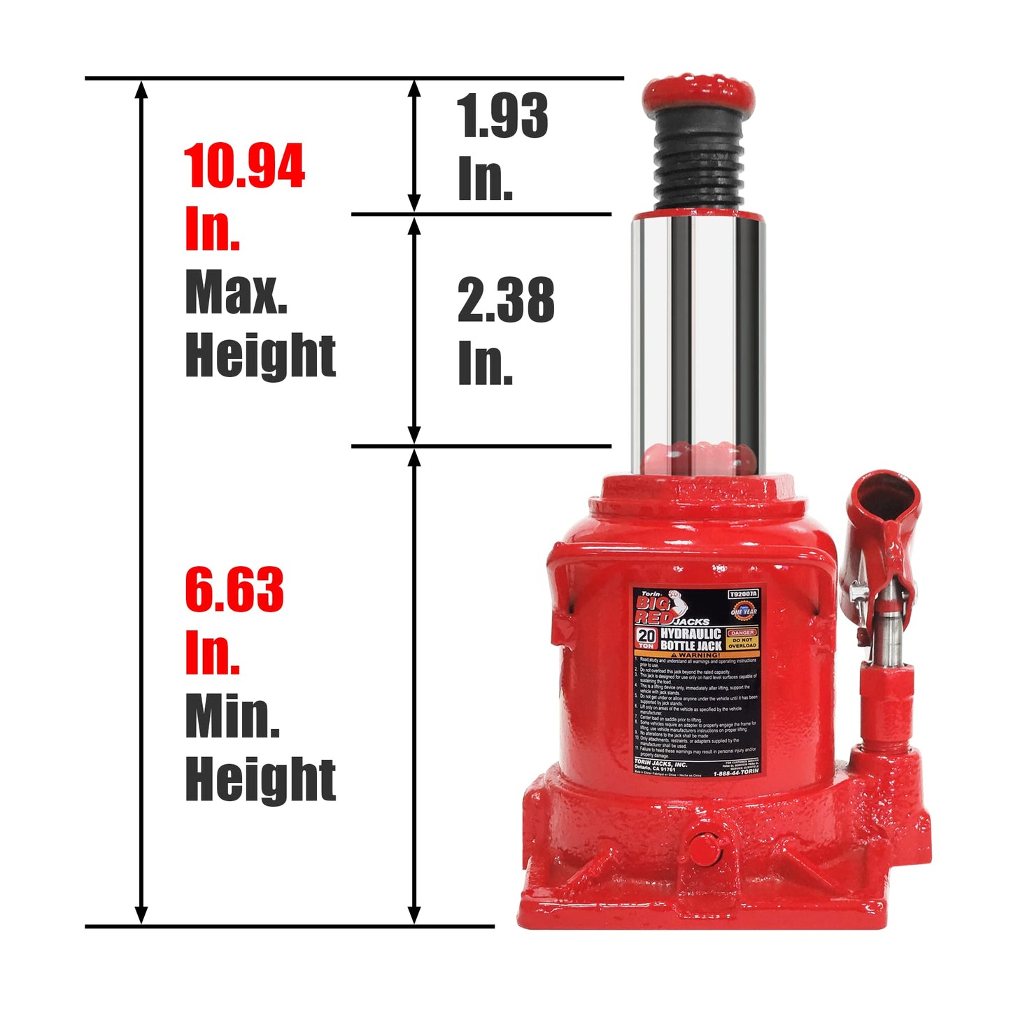 BIG RED T92007A Torin Hydraulic Stubby Low Profile Welded Bottle Jack, 20 Ton (40,000 lb) Capacity, Red