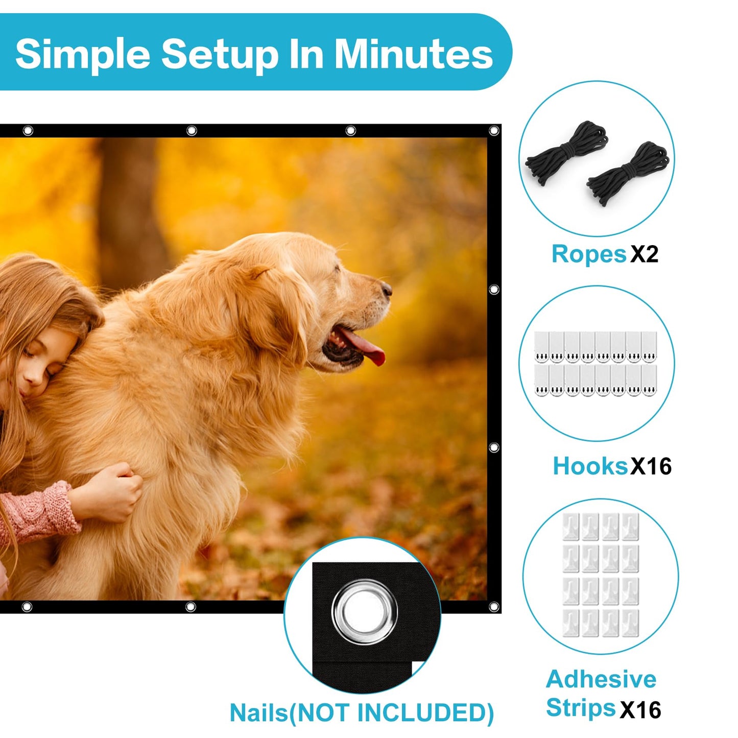 Taotique Projector Screen 120 inch, Movie Projector Screen 16:9 Foldable and Portable Anti-Crease Indoor Outdoor Projection Double Sided Video Projector Screen for Home, Party, Office, Classroom