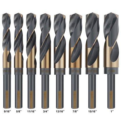 COMOWARE Reduced Shank Drill Bit Set, 8 Sizes from 9/16" to 1", HSS M2, Black & Gold Drill Bit with 3-Flat 1/2" Shank, 135° Split Point, Drills Bits for Metal/Plastic/Wood, with Storage case