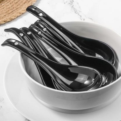 Wareland Black Ceramic Soup Spoons Set, 6.75 inch Deep Oval Hook Design, Dishwasher Safe - Perfect for Ramen, Pho, Noodles, Stews, Wonton, Dumpling, Miso