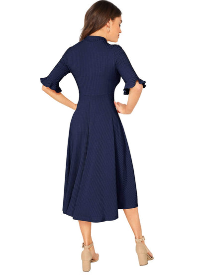 Verdusa Women's Ruffle Half Sleeve A Line Fall Dresses Elegant Fit and Flare Midi Dress Navy Small