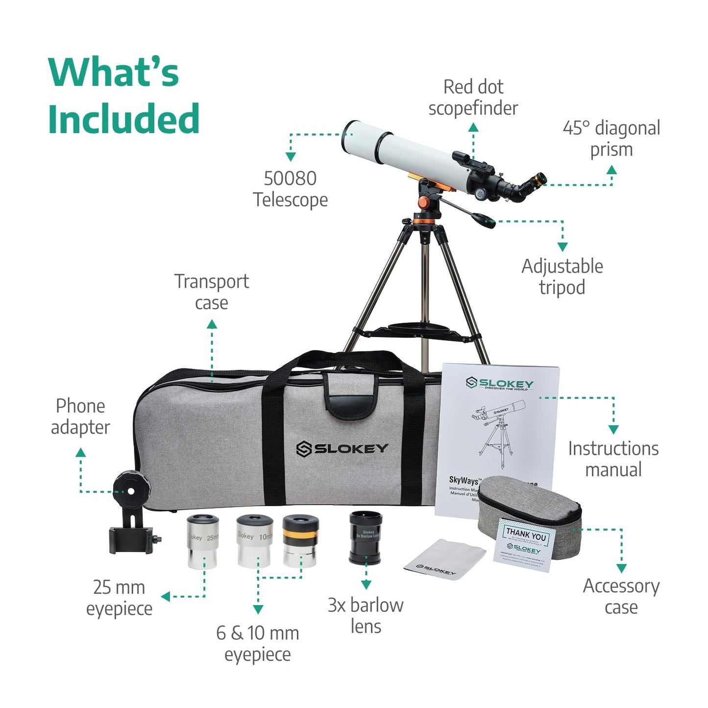 Slokey Discover The World Telescope for Astronomy for Adult Beginners - Professional, Portable and Powerful 20x-250x - Easy to Mount and Use - Astronomical Telescope for Moon, Planets and Stargazing