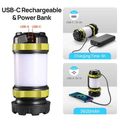 2 Pack LED Camping Lantern Flashlight Rechargeable, Consciot Portable Torch with 6 Light Modes, 3600mAh Power Bank, IPX4 Waterproof, USB C, Camping Lights for Hurricane, Emergency, Survival Kits