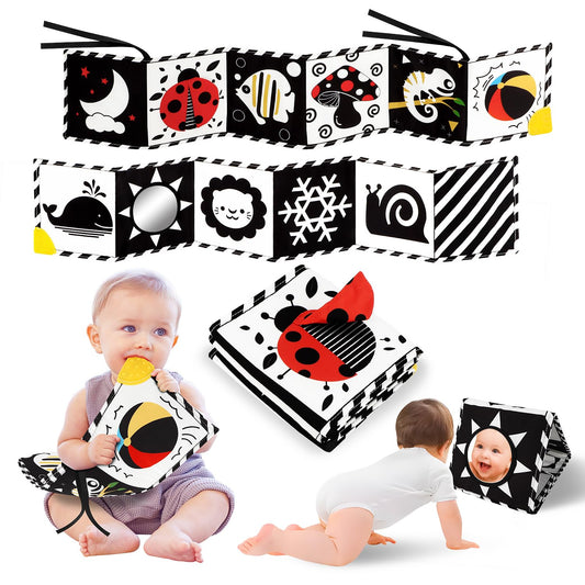 Tummy Time Toys, High Contrast Baby Book with Mirror & Teether, Black and White Infant Books, 0-6-12 Months Soft Book for Newborn, Sensory Books, Tummy Time Car Seat Toys 0-6 Month Boy Girl Gift