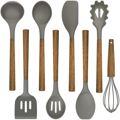 Umite Chef Silicone Cooking Utensil Set, 8-Piece Kitchen Utensils Set with Natural Acacia Wooden Handles,Food-Grade-Silicone Kitchen Gadgets and Spatula Set for Nonstick Cookware - Grey