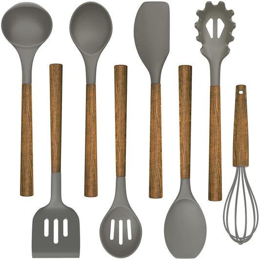 Umite Chef Silicone Cooking Utensil Set, 8-Piece Kitchen Utensils Set with Natural Acacia Wooden Handles,Food-Grade-Silicone Kitchen Gadgets and Spatula Set for Nonstick Cookware - Grey