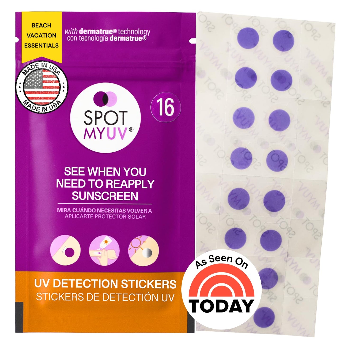 SpotMyUV UV Detection Stickers for Sunscreen with Patented Dermatrue SPF Sensing Technology, Know When to Reapply Sunscreen to Help Prevent Sunburn, 16 Count