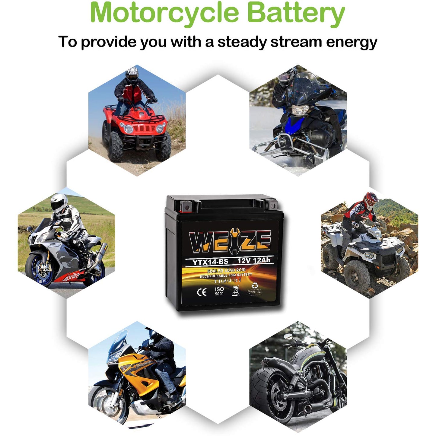 Weize YTX14 BS ATV Battery High Performance - Maintenance Free - Sealed AGM YTX14-BS Motorcycle Battery compatible with Honda Suzuki Kawasaki Yamaha scooter snowmobile