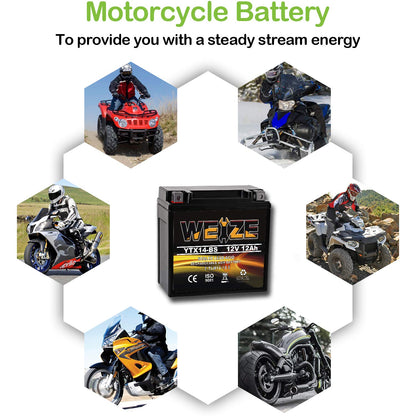Weize YTX14 BS ATV Battery High Performance - Maintenance Free - Sealed AGM YTX14-BS Motorcycle Battery compatible with Honda Suzuki Kawasaki Yamaha scooter snowmobile