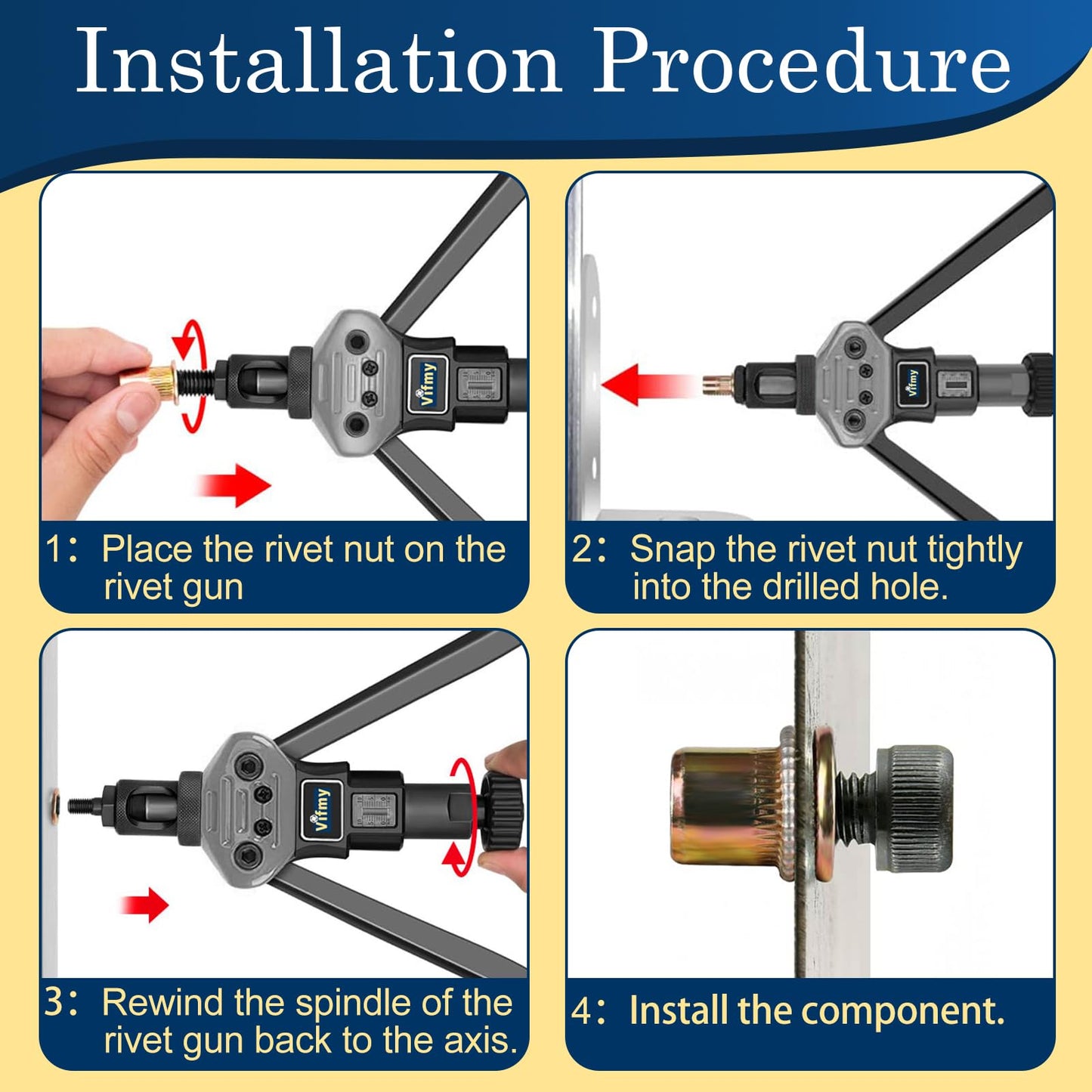 Vifmy 1/4 Rivet Nut, 115Pcs Carbon Steel Zinc Rivet Nuts 1/4-20, 1/4 20 Threaded Insert Rivnut, 1/4 UNC Rivets Nutsert, Flat Head 1/4 x 20 RIV Nuts