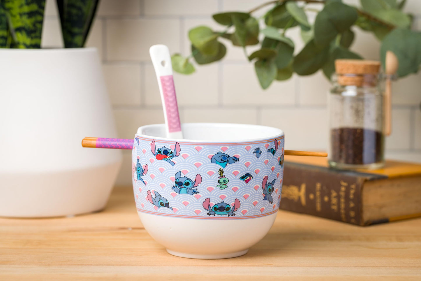 Silver Buffalo Lilo and Stitch Scrump Waves Japanese Pattern Ceramic Ramen Noodle Rice Bowl with Chopsticks and Spoon, Microwave Safe, 20 Ounces