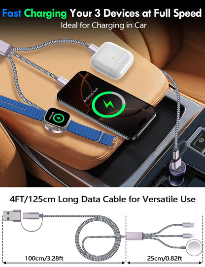 2Pack Multi Fast Charging Cable for Travel Vacation Essentials,iPhone 17 Charger,Apple Watch Charger,3-in-2USB A/Type C/Lightning Cable for iWatch,iPhone 17-11,Nintendo Switch,Airpods,Home,Office-4FT