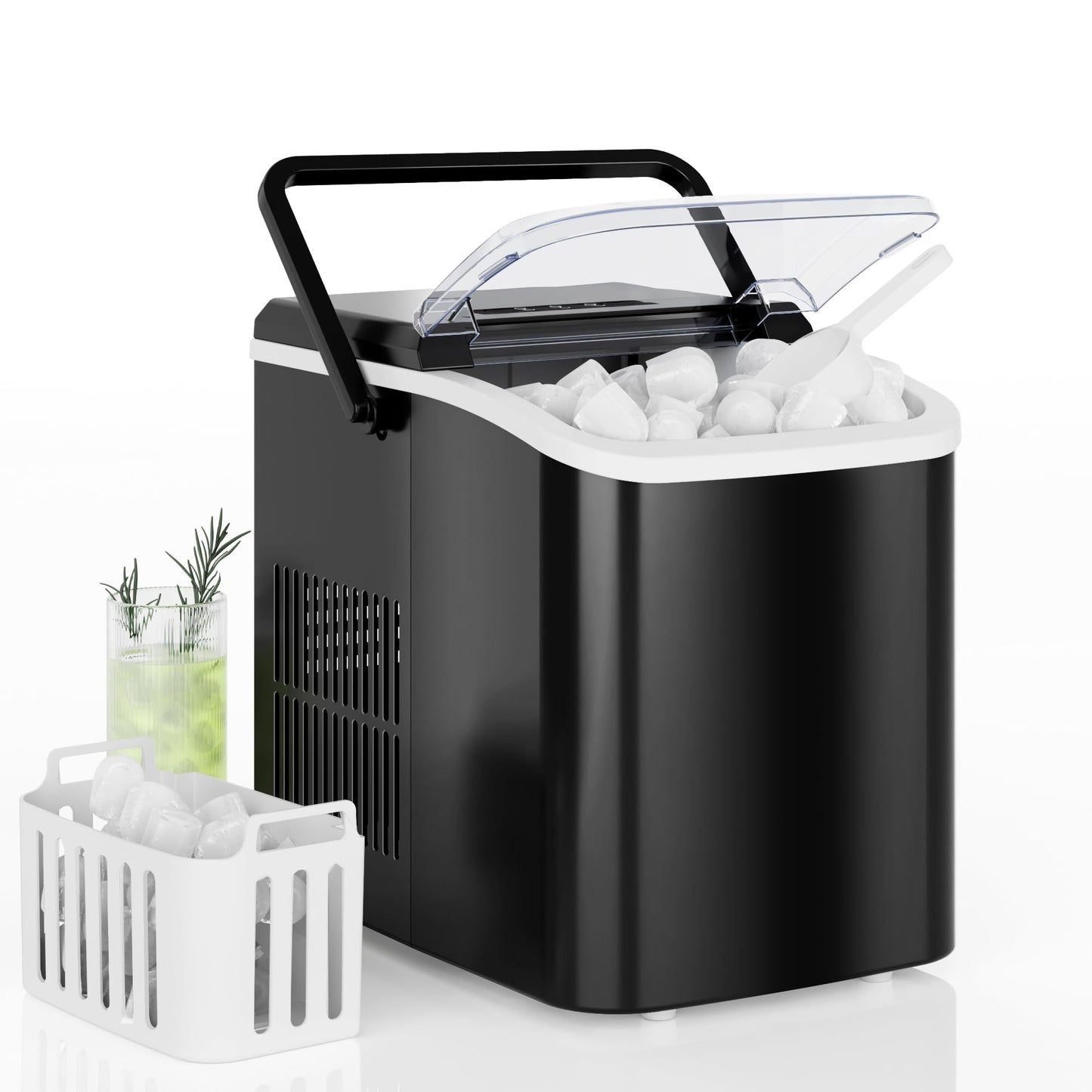 DUMOS Countertop Ice Maker with Handle, 26lbs/24H Portable Ice Machine, 9 Bullet Ice Cubes Ready in 6 Mins, Self-Cleaning, Quiet Compact Ice Maker for Home, Kitchen, RV, Camping, Black