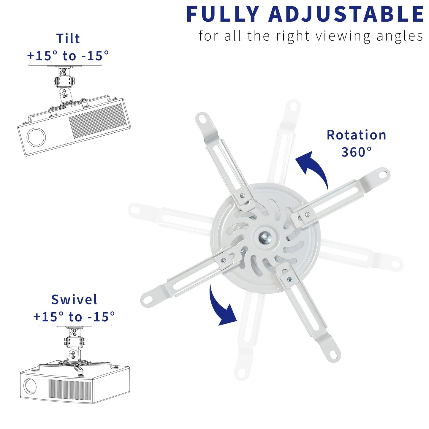 VIVO Universal Adjustable Ceiling Projector Mount for Regular and Mini Projectors with Extending Arms, White, MOUNT-VP01W