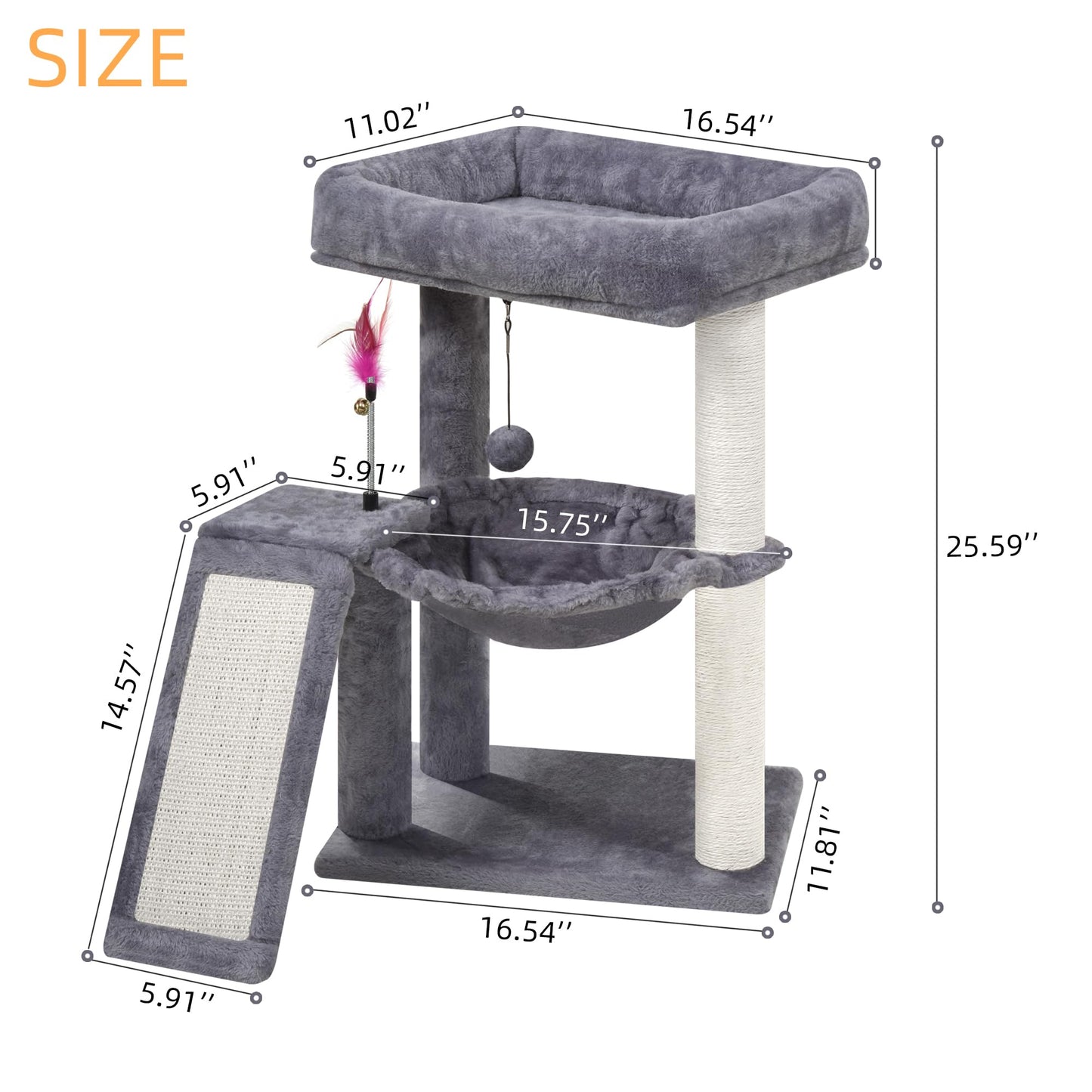 YOUPET Cat Tree with Cat Scratching Post for Indoor Cats, Cat Tower with Scratching Board and Playful Toy Balls, Cat Tree Tower with Cozy Hammock,Grey