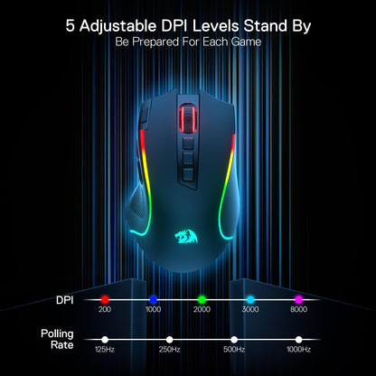 Redragon M612 PRO RGB Gaming Mouse, 8000 DPI Wired/Wireless Optical Mouse with 9 Programmable Buttons & 7 Backlit Modes, BT & 2.4G Wireless, Software Supports DIY Keybinds Rapid Fire Button