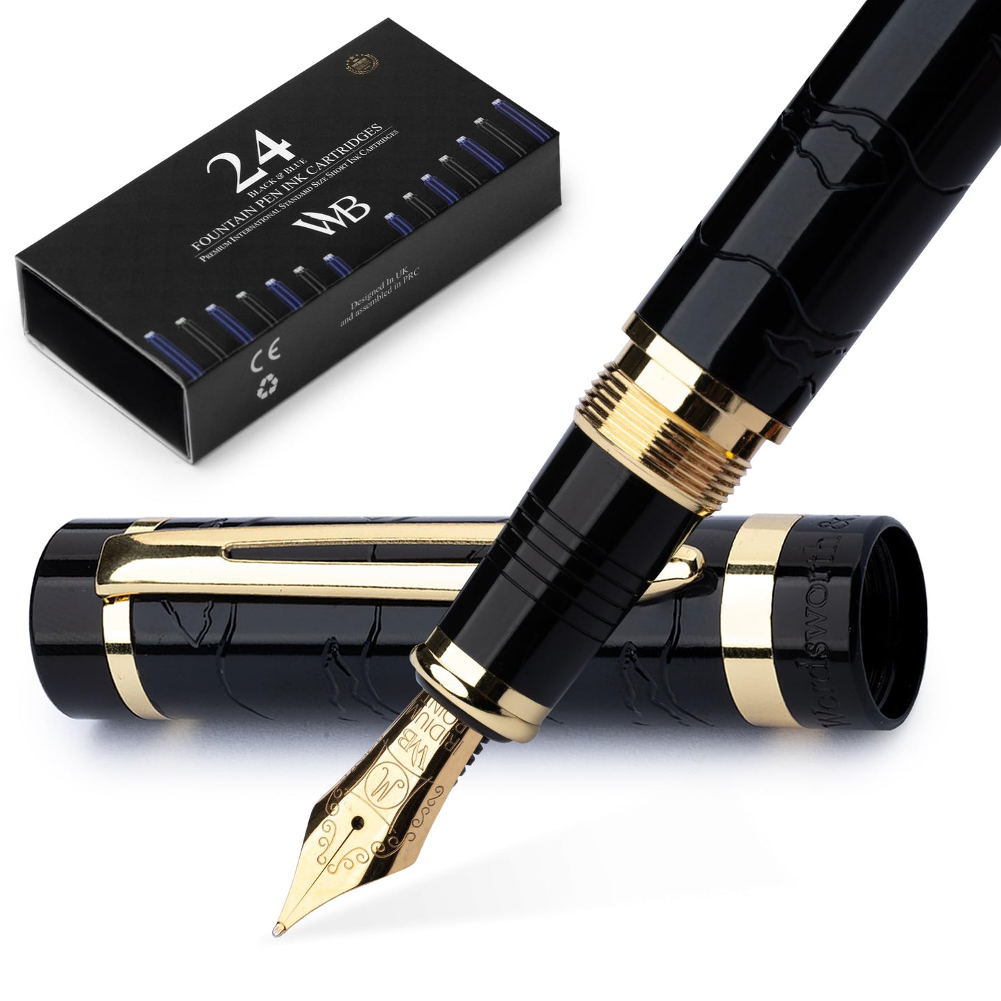 Wordsworth & Black Primori Fountain Pen Set [Black Gold]; Medium Nib, Gift Case, 24 Ink Cartridges, Refill Converter, Manual; Journaling, Calligraphy, Smooth Writing Pens; Left & Right Handed