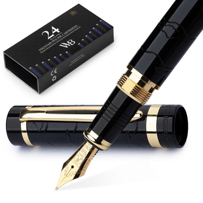 Wordsworth & Black Primori Fountain Pen Set [Black Gold]; Medium Nib, Gift Case, 24 Ink Cartridges, Refill Converter, Manual; Journaling, Calligraphy, Smooth Writing Pens; Left & Right Handed