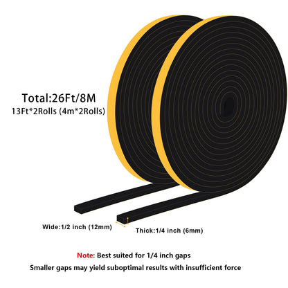 Trisiki Weather Stripping Door Seal Strip, Strong Adhesive, Lightproof, Noise-Reduction, Weatherproof Foam Tape Insulation for Sliding Door, Front Door Frame, Windows (1/2 in x 1/4 in x 26Ft)