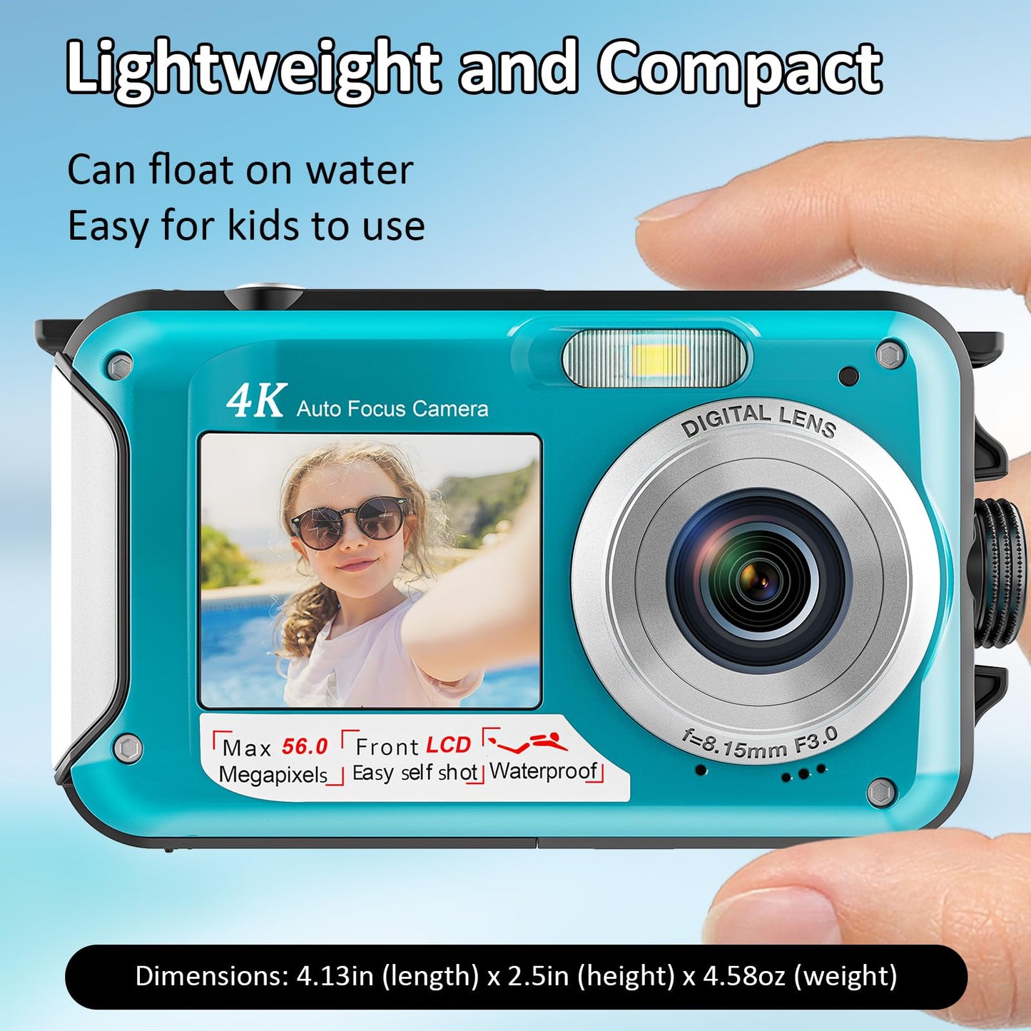 4K Underwater Camera 11FT Waterproof Camera with 32GB Card 56MP Autofocus Dual-Screen Selfie Underwater Camera for Snorkeling Waterproof Compact Floatable Digital Camera 1250mAh Battery Type-C (Blue)